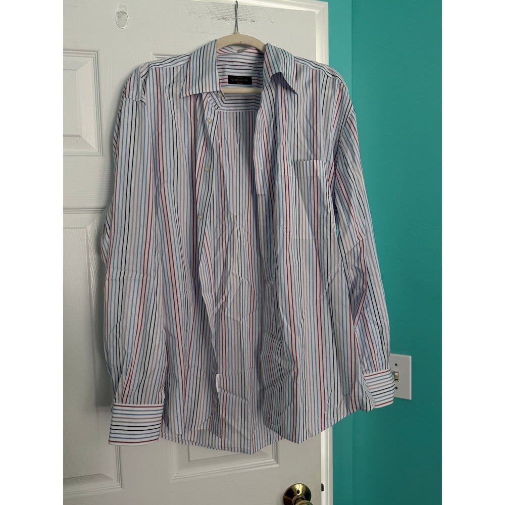Corneliani Mens Striped Button Down Shirt Made in Italy Cotton Blue Red White